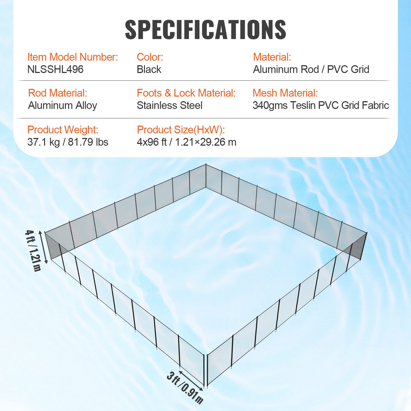 VEVOR Pool Fence, 4 x 96 FT Pool Fences for Inground Pools, Removable Child Safety Pool Fencing, Easy DIY Installation Swimming Pool Fence, 340gms Teslin PVC Pool Fence Mesh Protects Kids and Pets