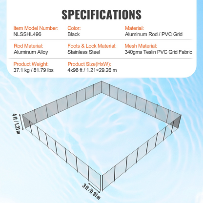 VEVOR Pool Fence, 4 x 96 FT Pool Fences for Inground Pools, Removable Child Safety Pool Fencing, Easy DIY Installation Swimming Pool Fence, 340gms Teslin PVC Pool Fence Mesh Protects Kids and Pets