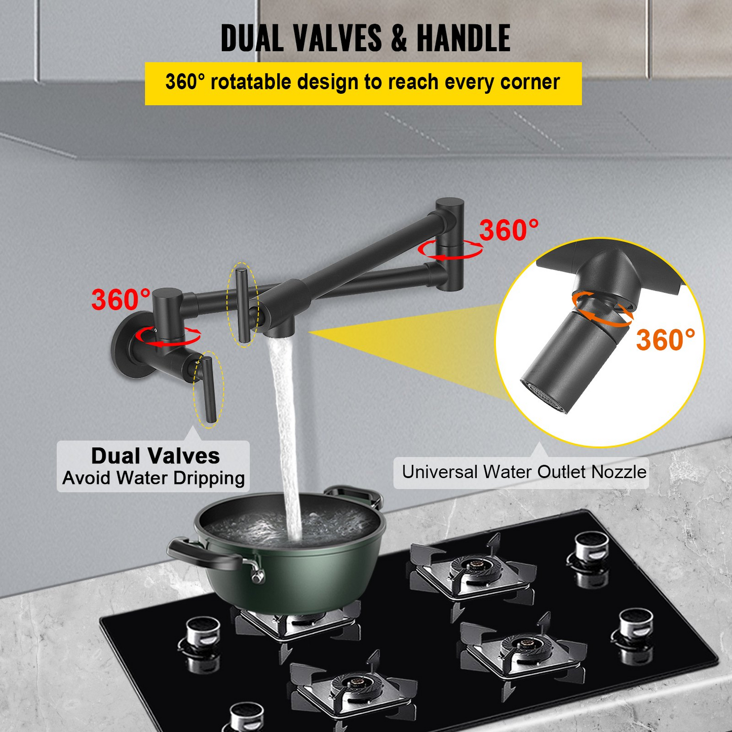 VEVOR Pot Filler Faucet, Solid Brass Commercial Wall Mount Kitchen Stove Faucet with Matte Black Finish, Folding Restaurant Sink Faucet with Double Joint Swing Arm & 2 Handles 24.4"