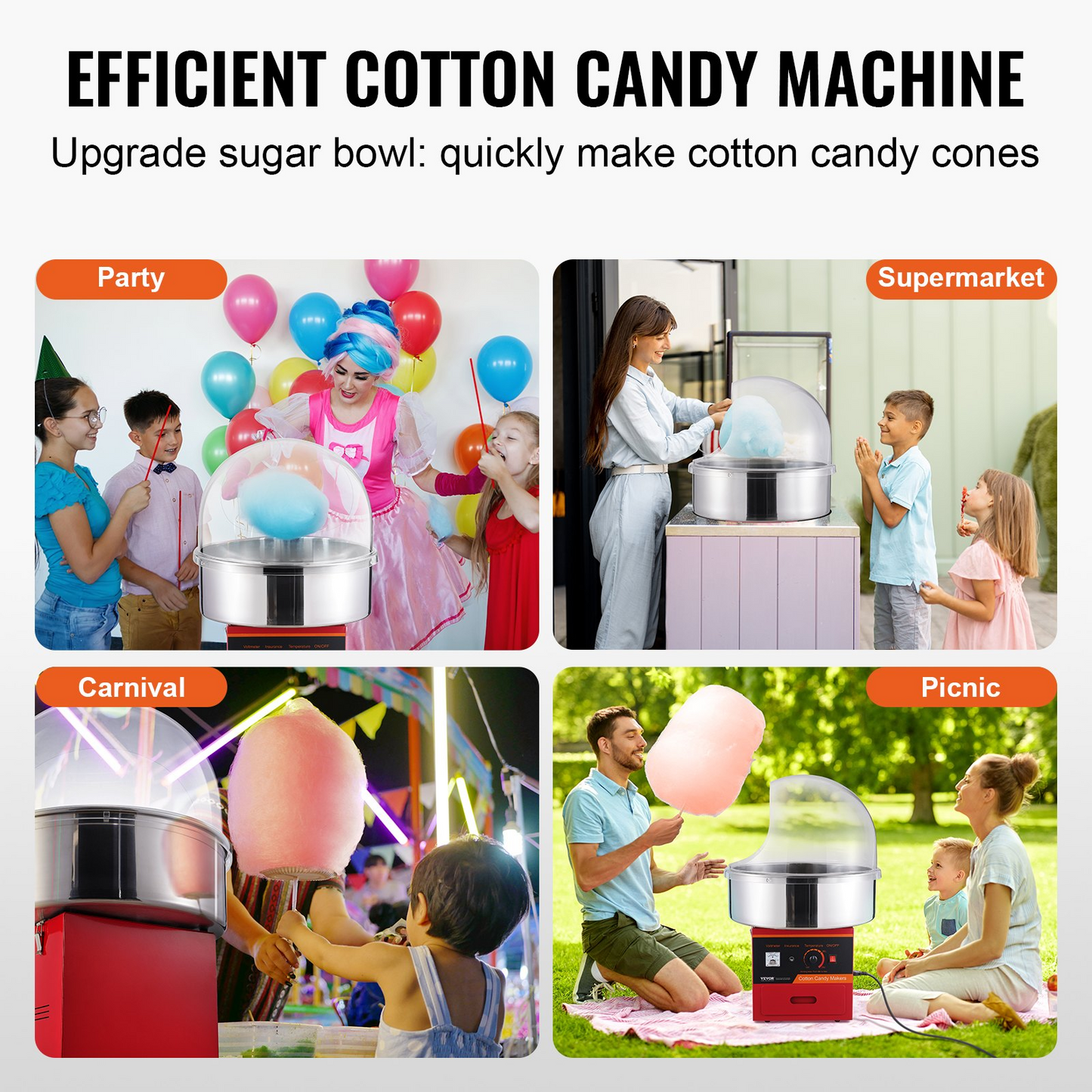 VEVOR Electric Cotton Candy Machine, 1000W Candy Floss Maker, Commercial Cotton Candy Machine with Cover, Stainless Steel Bowl, Sugar Scoop, Drawer, Perfect for Home Kids Birthday, Family Party, Red