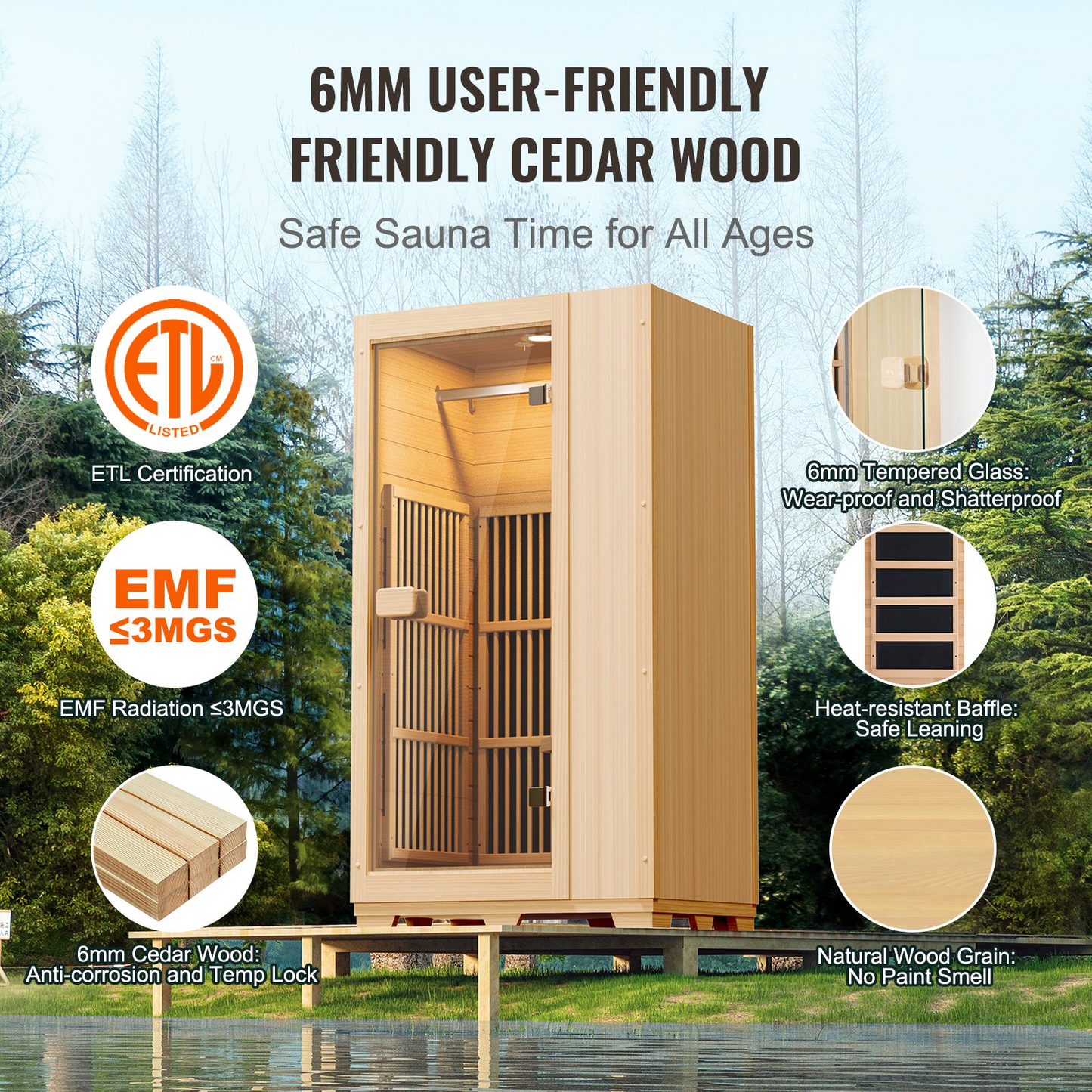 VEVOR Far Infrared Wooden Sauna, Room Home Sauna Spa for One Single Person, Low EMF Far Infrared Hemlock Wood Sauna with Tempered Glass Door & LED Reading Lamp & Bluetooth Speakers, 1140W Indoor Use