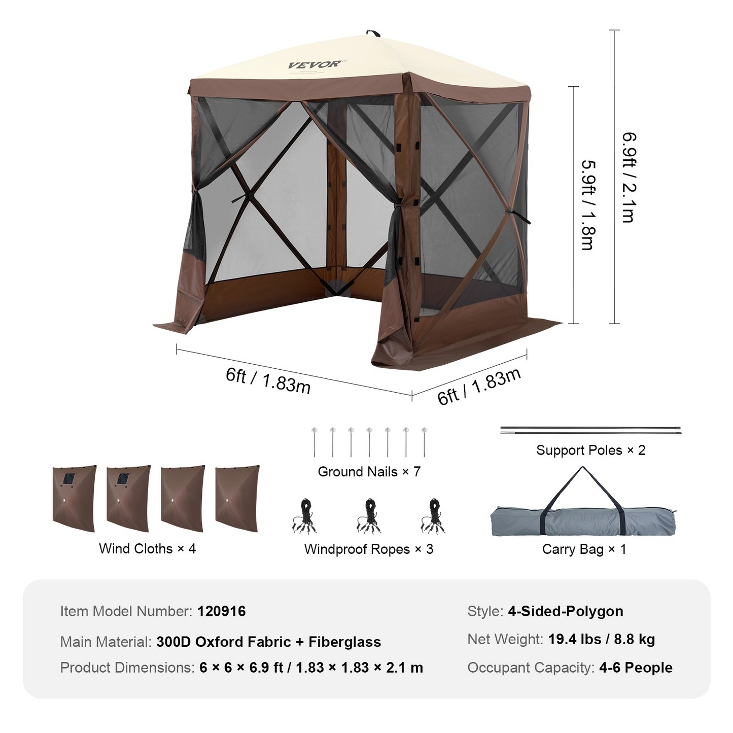 VEVOR Pop Up Gazebo Tent, Pop-Up Screen Tent 4 Sided Canopy Sun Shelter with 4 Removable Privacy Wind Cloths & Mesh Windows, 6x6FT Quick Set Screen Tent with Mosquito Netting, Brown