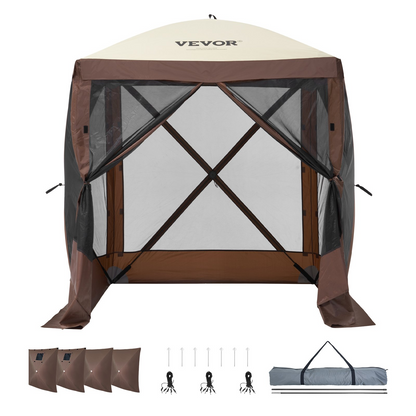 VEVOR Pop Up Gazebo Tent, Pop-Up Screen Tent 4 Sided Canopy Sun Shelter with 4 Removable Privacy Wind Cloths & Mesh Windows, 6x6FT Quick Set Screen Tent with Mosquito Netting, Brown