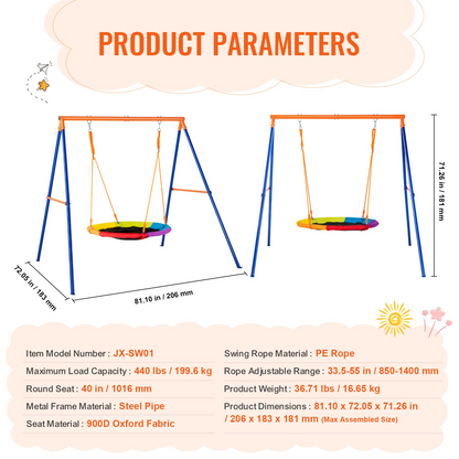 VEVOR Swing Sets for Backyard 40in Saucer Swing Seat A-Frame Metal Stand 440lbs