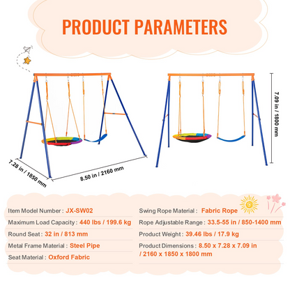 VEVOR Swing Sets for Backyard 1 Saucer 1 Belt Swing Seat A-Frame Metal Stand