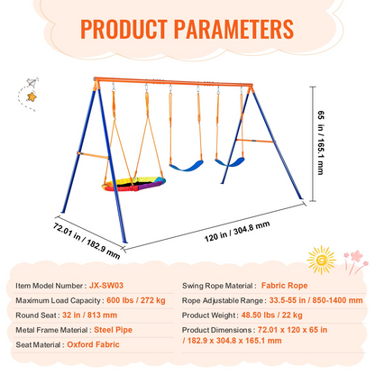 VEVOR Swing Sets for Backyard 1 Saucer 2 Belt Swing Seats A-Frame Metal Stand