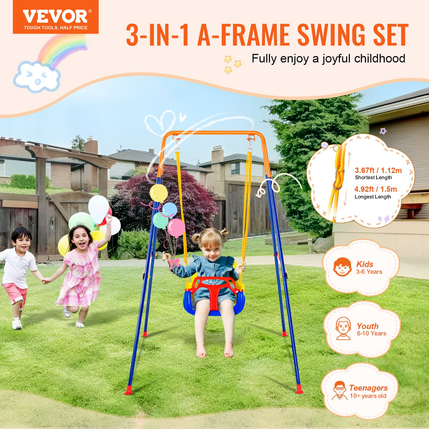 VEVOR Swing Sets for Backyard 3 in 1 Toddler Swing Set with 4 Sandbags Foldable