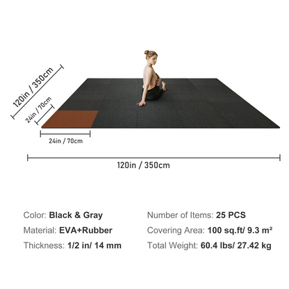 VEVOR 25PCS 1/2" Gym Floor Mats, 100 sq.ft EVA Rubber Tiles