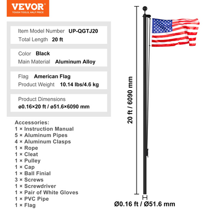 VEVOR 20FT Detachable Flagpole Kit Heavy Duty Aluminum Flag Pole American Black