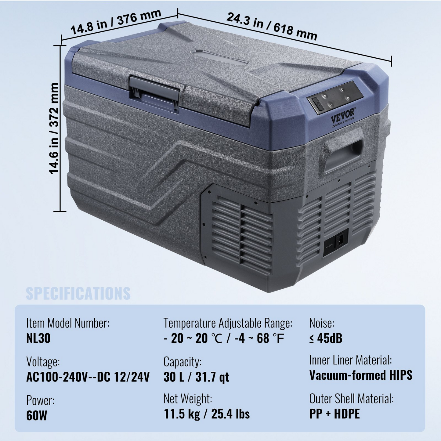 VEVOR 25L Dual Zone Portable Cooler, Compact for Car, Camping & Home Use