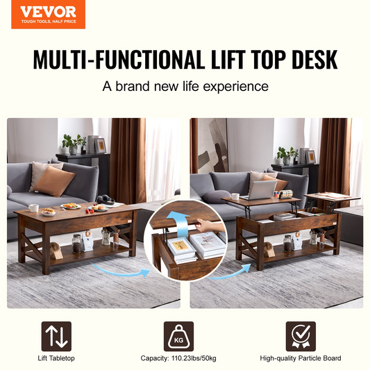 VEVOR Lift Top Coffee Table 47.5" Rectangle Coffee Table for Living Room Brown