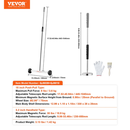 VEVOR 15-Inch Magnetic Sweeper with Wheels Telescoping Magnetic Pickup Tool