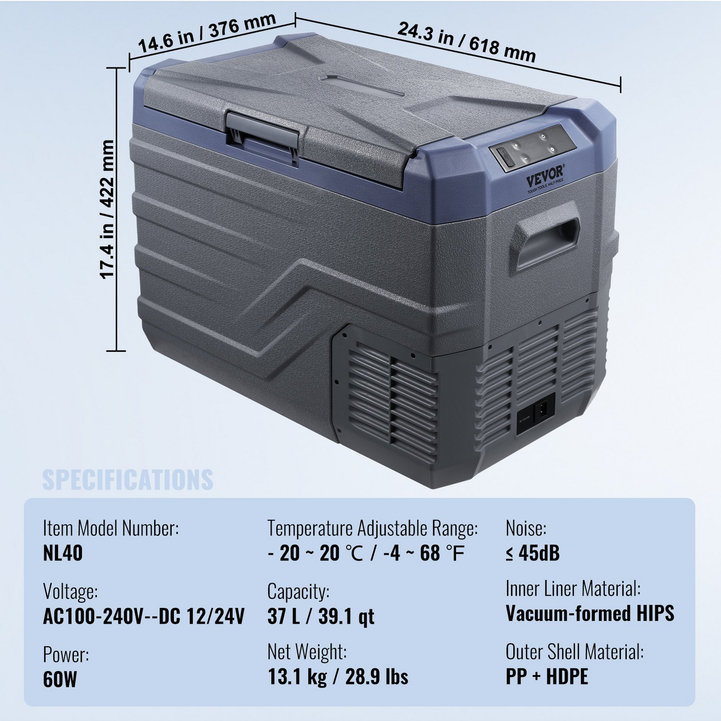 VEVOR 37L Portable Car Cooler, Single Zone Compressor for Home & Car