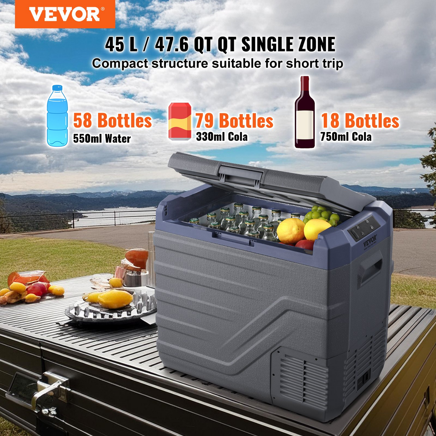 VEVOR 45L Portable Cooler, Single Zone, Compact Design for Home & Car