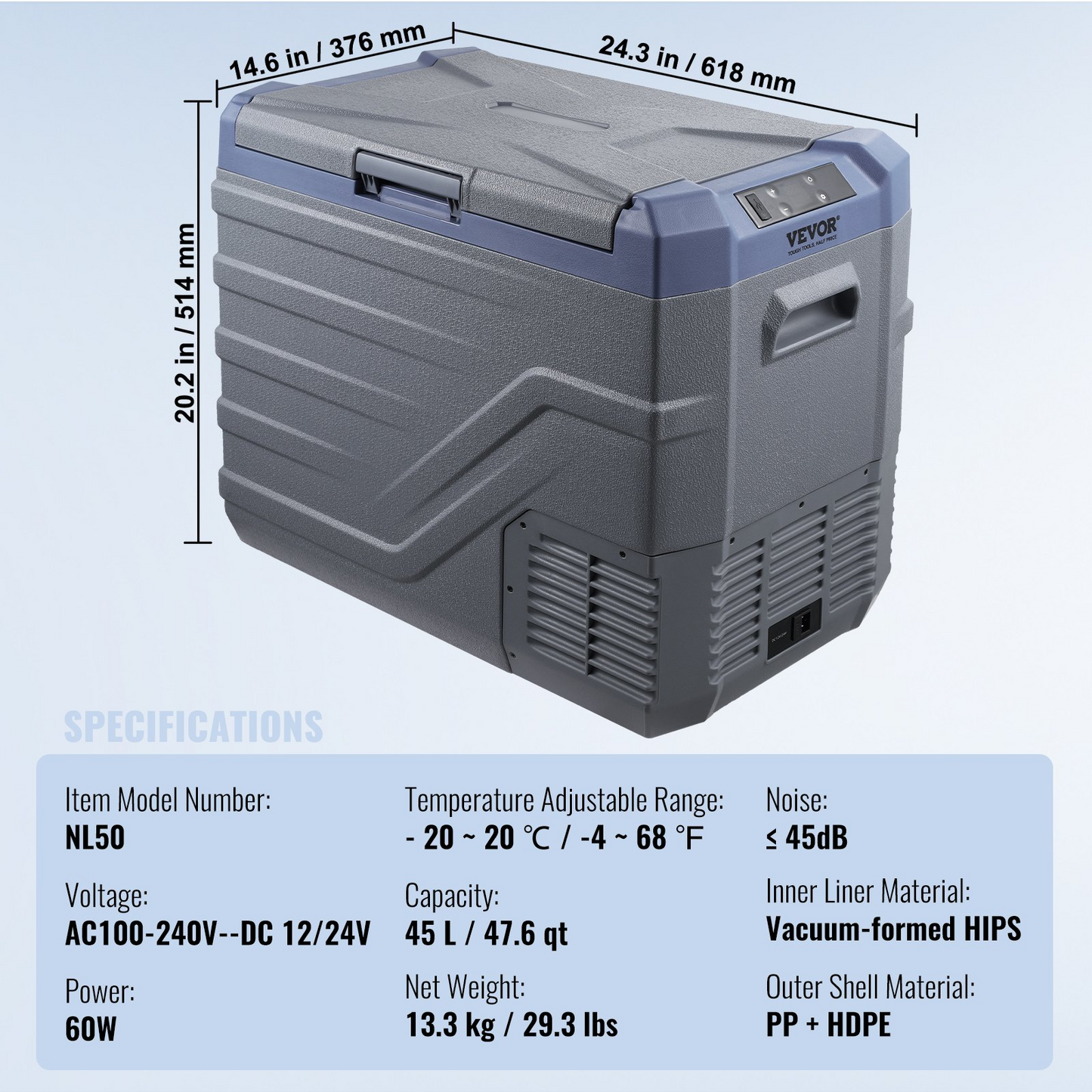 VEVOR 45L Portable Cooler, Single Zone, Compact Design for Home & Car