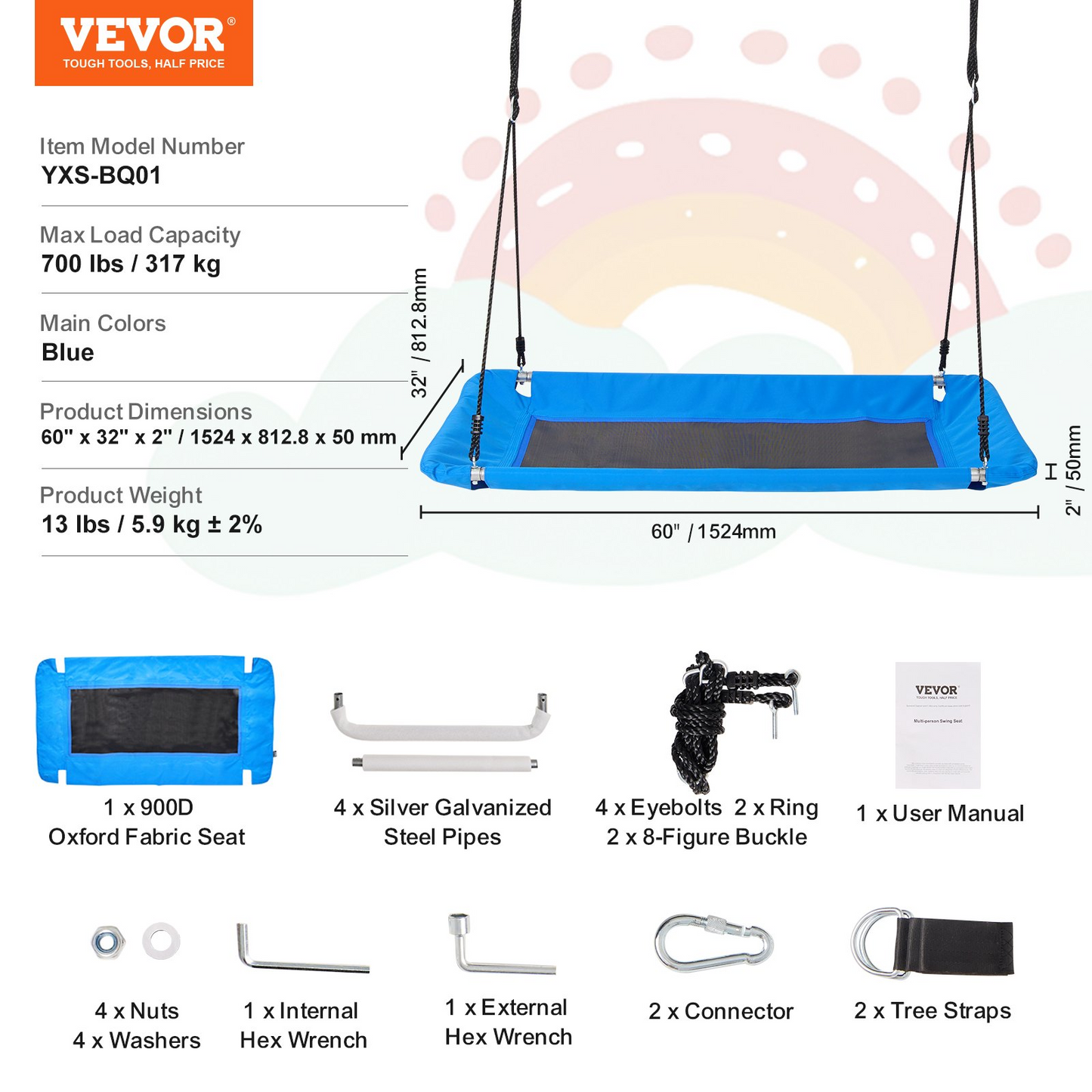 VEVOR Platform Swing 60 Inch Platform Tree Swing for Kids 700lbs Weight Capacity