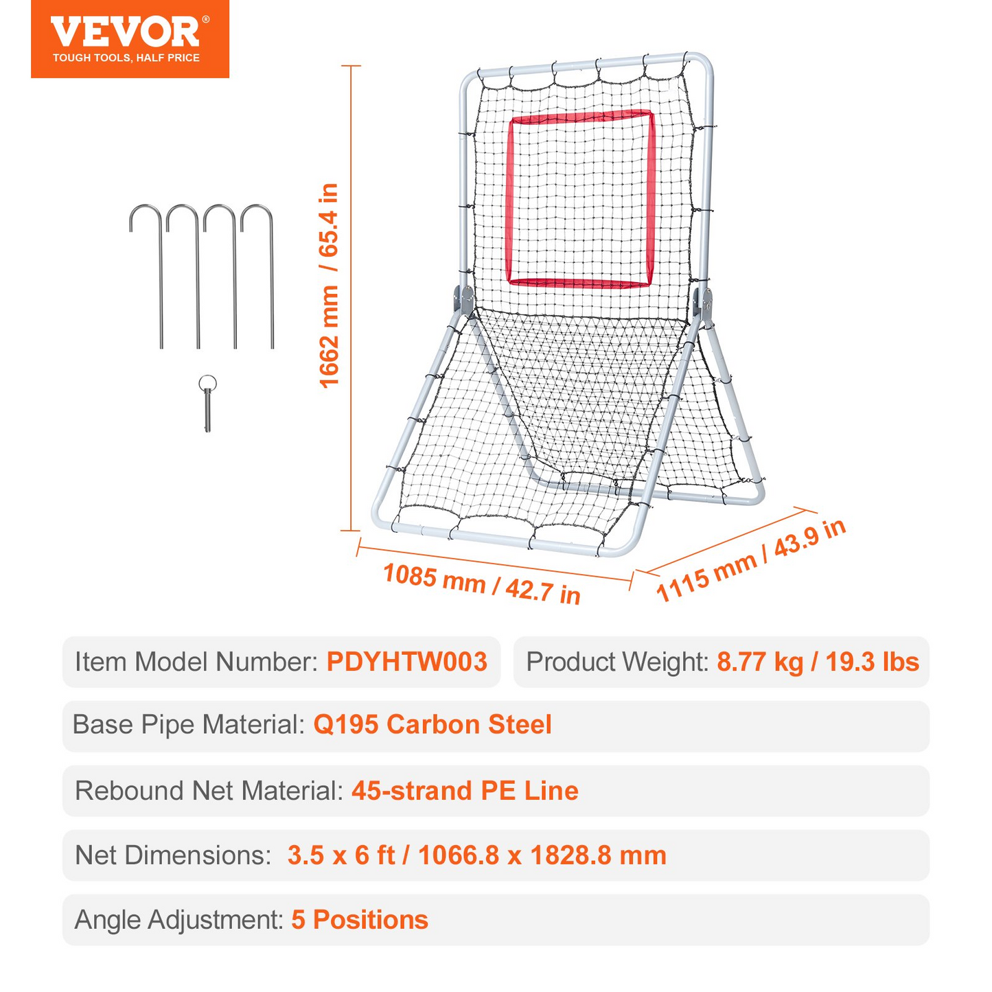 VEVOR Baseball And Softball Rebounder Net 3.5 x 6 ft 5 Adjustable Angles