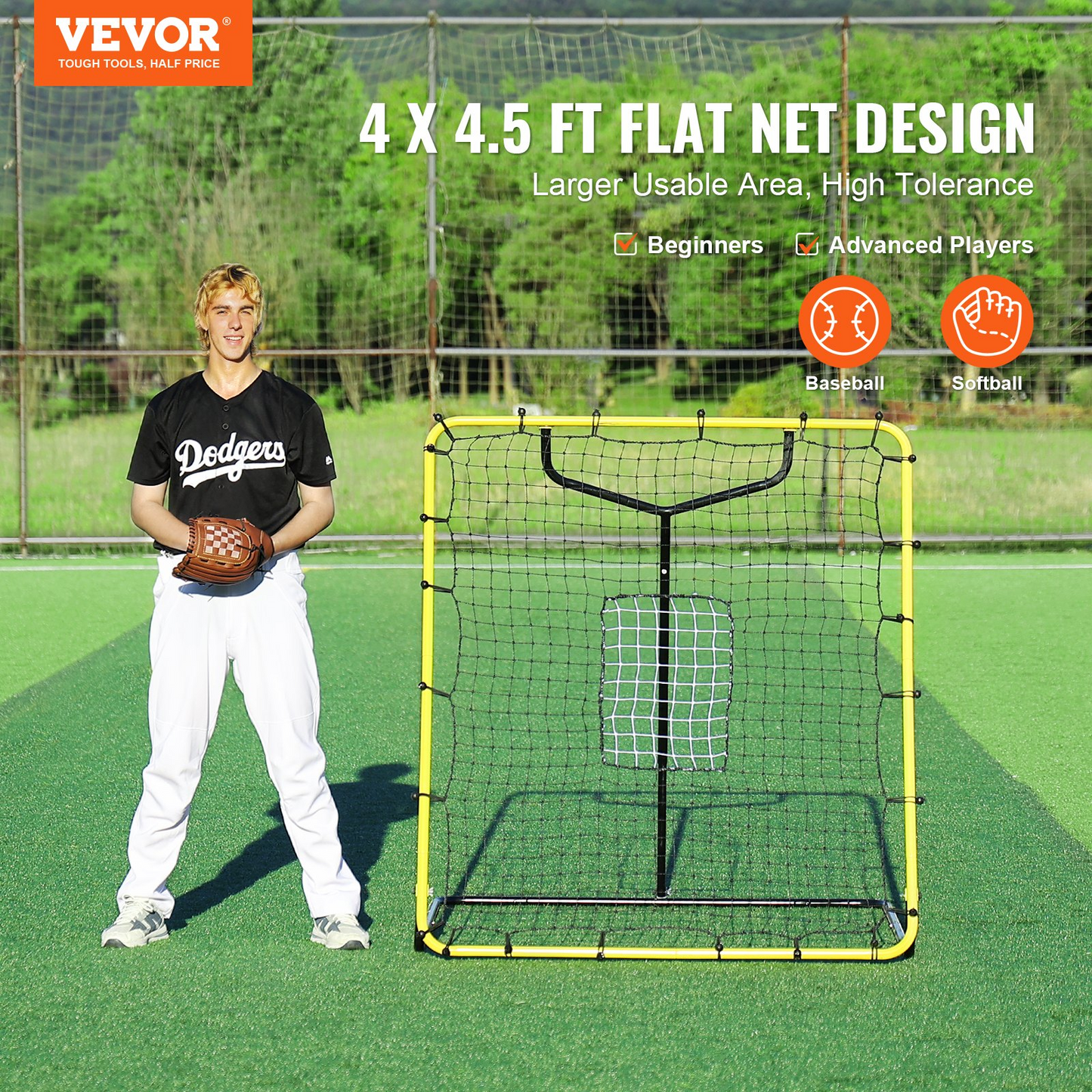 VEVOR Baseball & Softball Rebounder Net 4x4.5 Ft, Adjustable Pitch Back