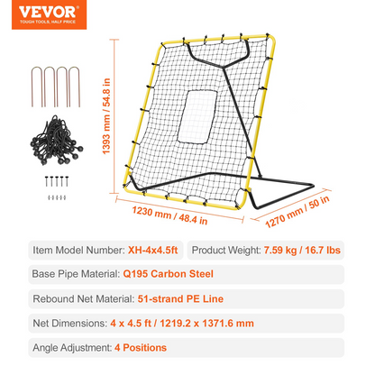 VEVOR Baseball & Softball Rebounder Net 4x4.5 Ft, Adjustable Pitch Back