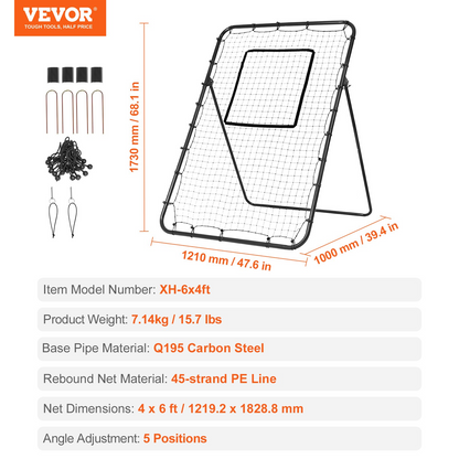 VEVOR Baseball And Softball Rebounder Net 4x6 Ft PitchBack Adjustable Angles