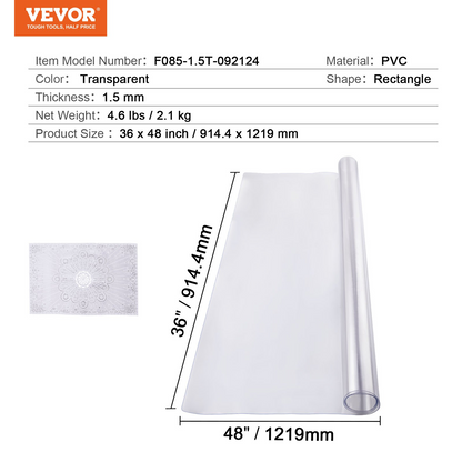 VEVOR PVC Table Protector 36x48 Inch Clear Plastic Desk Protector 1.5mm Thick