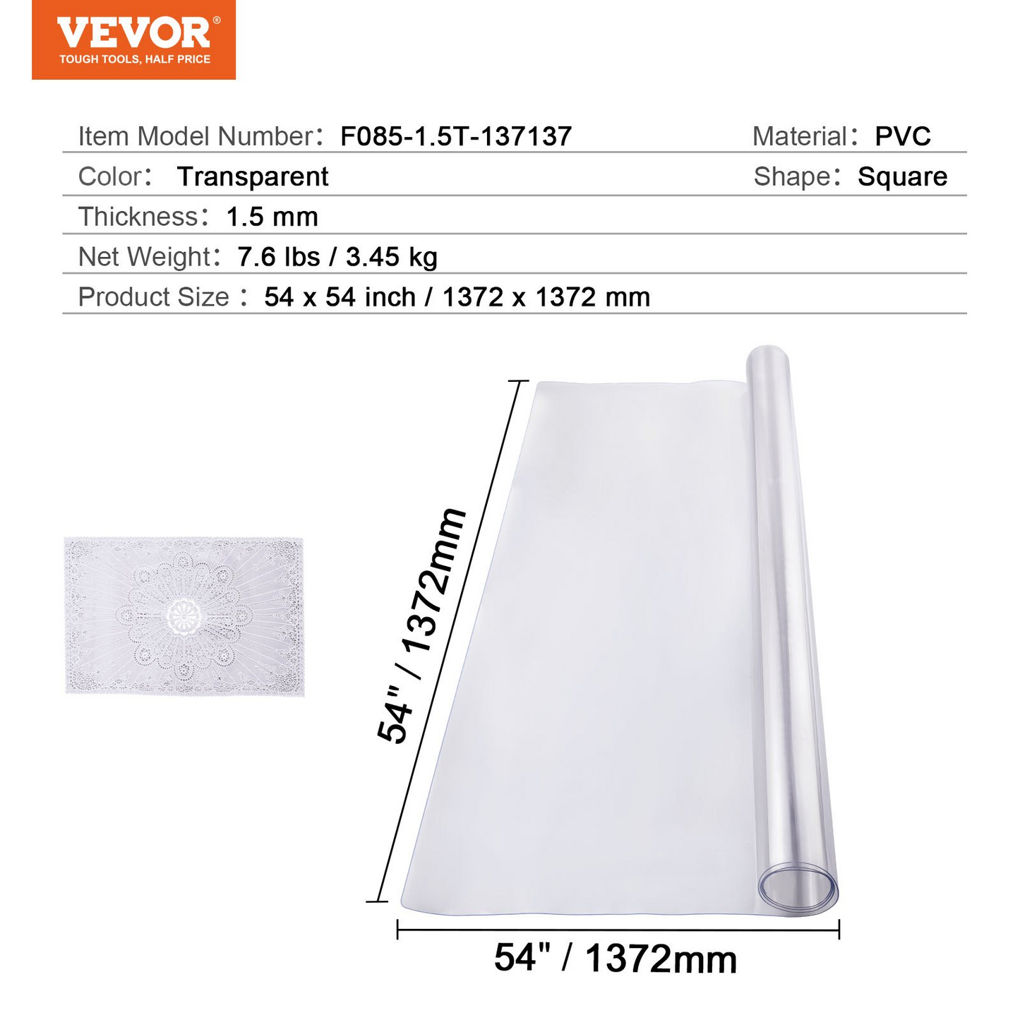 VEVOR PVC Table Protector 54x54 Inch Clear Plastic Desk Protector 1.5mm Thick