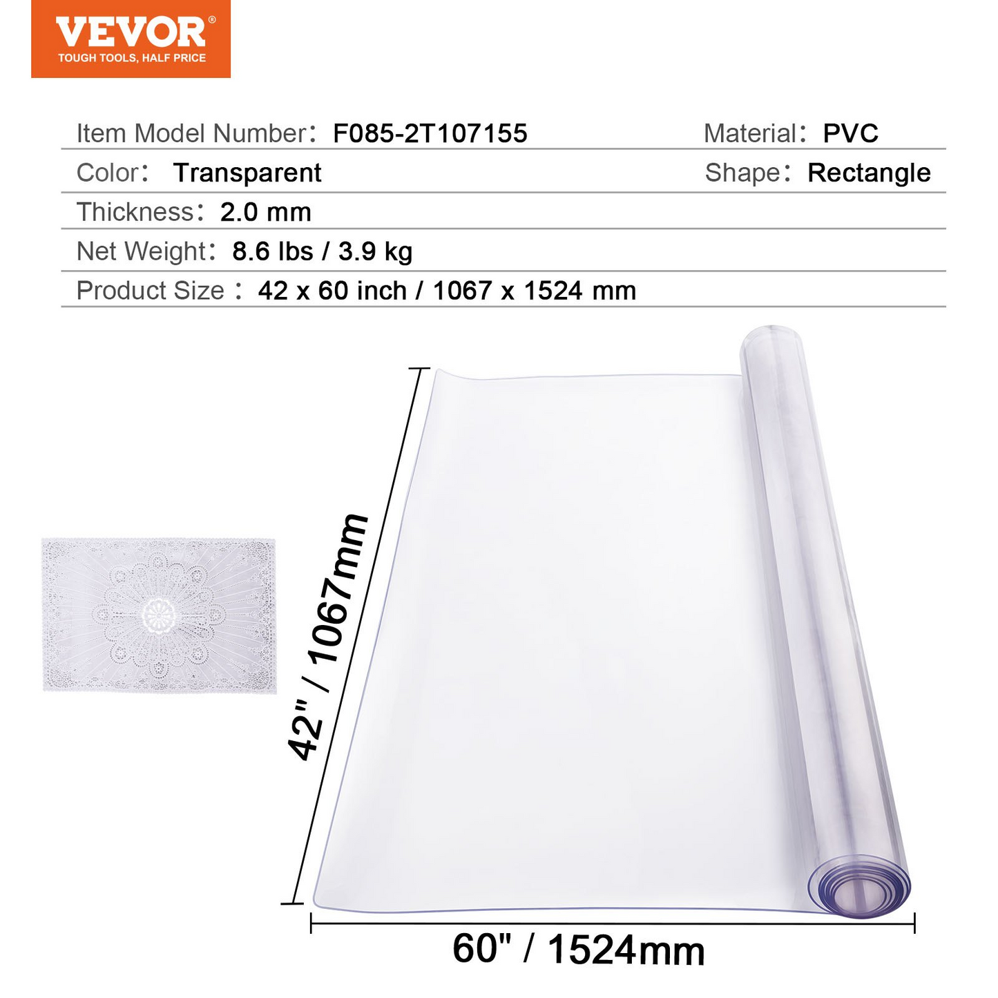 VEVOR PVC Table Protector 42x60 Inch Clear Plastic Desk Protector 2.0mm Thick