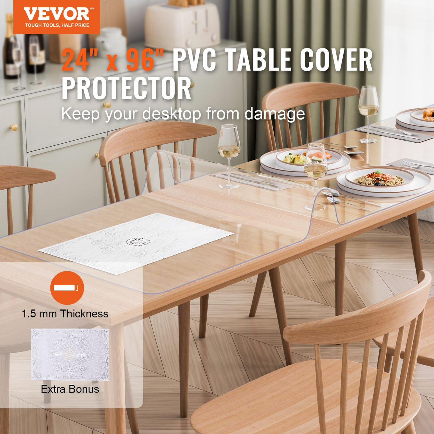 VEVOR PVC Table Protector 24x96 Inch Clear Plastic Desk Protector 1.5mm Thick