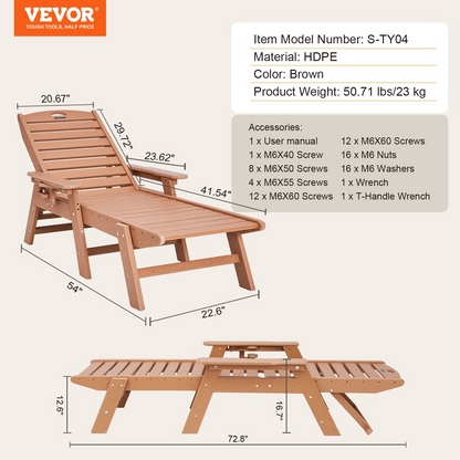 VEVOR Outdoor Chaise Lounge Chair Adjustable Patio Reclining Bench Lounger Brown