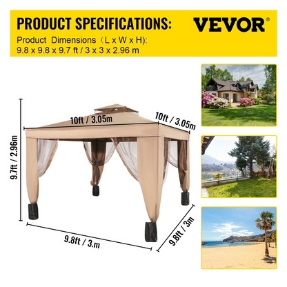 VEVOR Outdoor Canopy Gazebo Tent, Portable Canopy Shelter with 10'x10' Large Shade Space for Party, Backyard, Patio Lawn and Garden, 4 Sandbags, and Netting Included, Brown