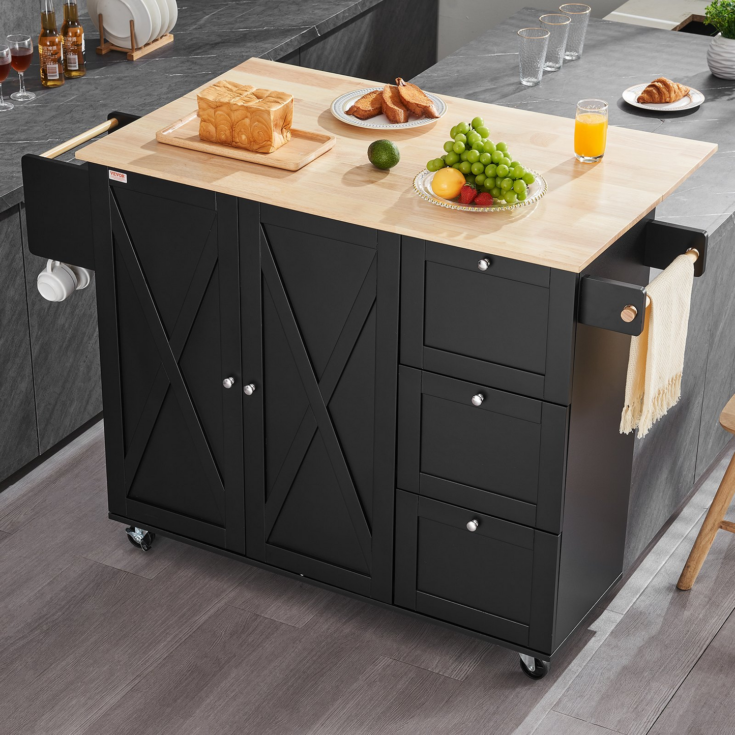 VEVOR Kitchen Island Cart Rolling Storage Cabinet on Wheel with Drawer & Shelves