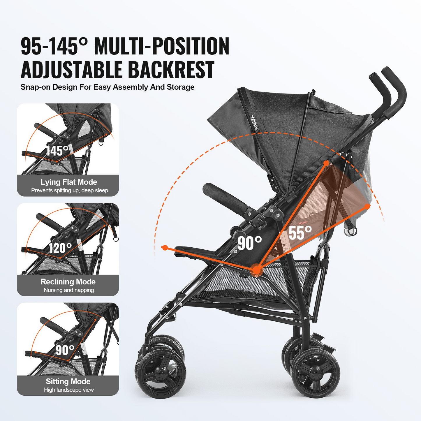 VEVOR Lightweight Stroller Compact Easy Fold Adjustable Backrest Black Storage