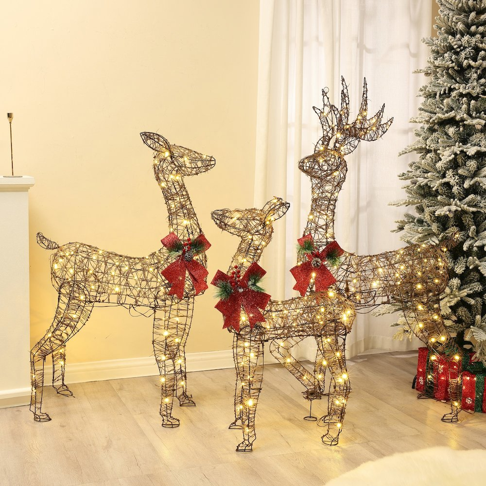 3-Piece Rattan and Iron Deer Family Outdoor Holiday Decoration with Lights