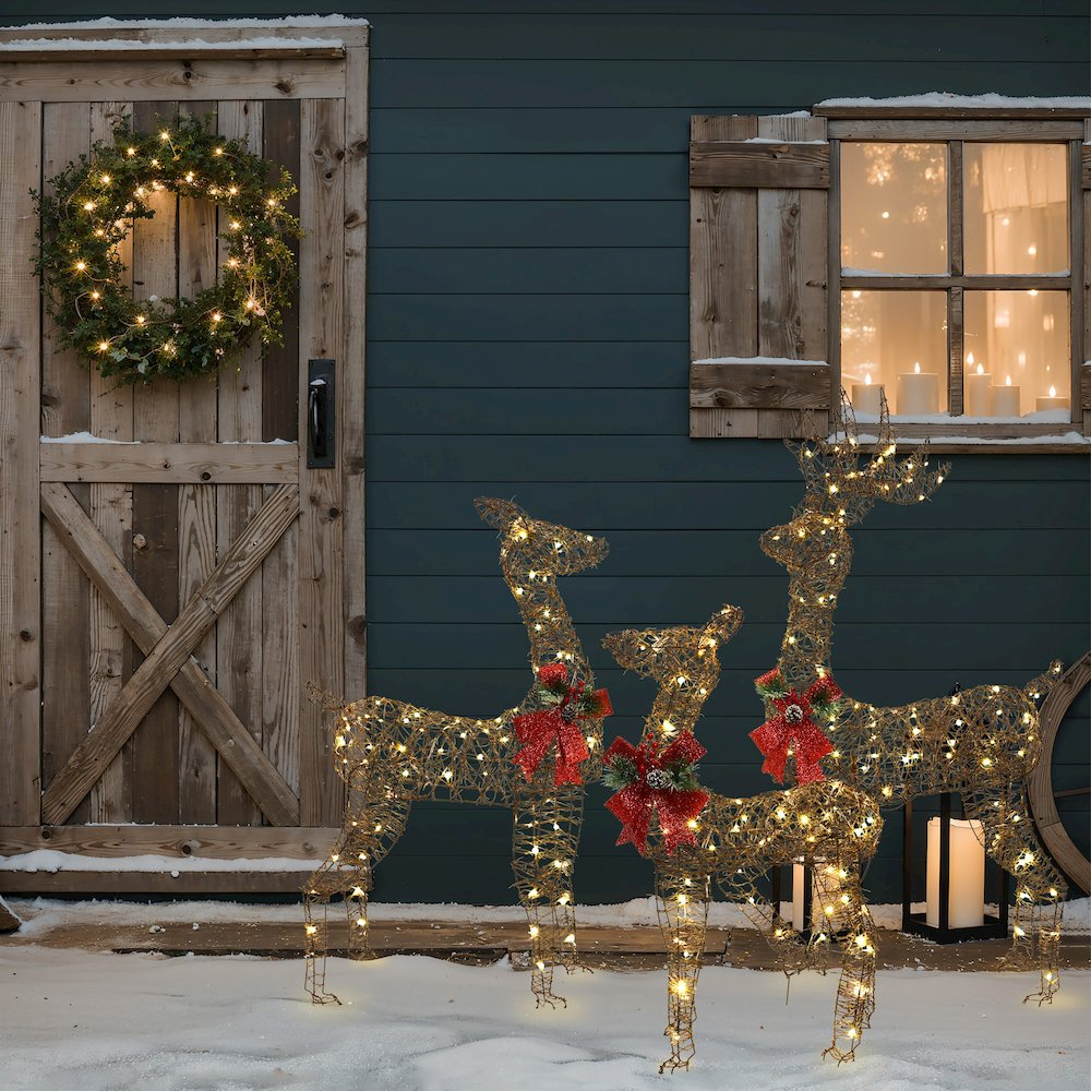 3-Piece Rattan and Iron Deer Family Outdoor Holiday Decoration with Lights