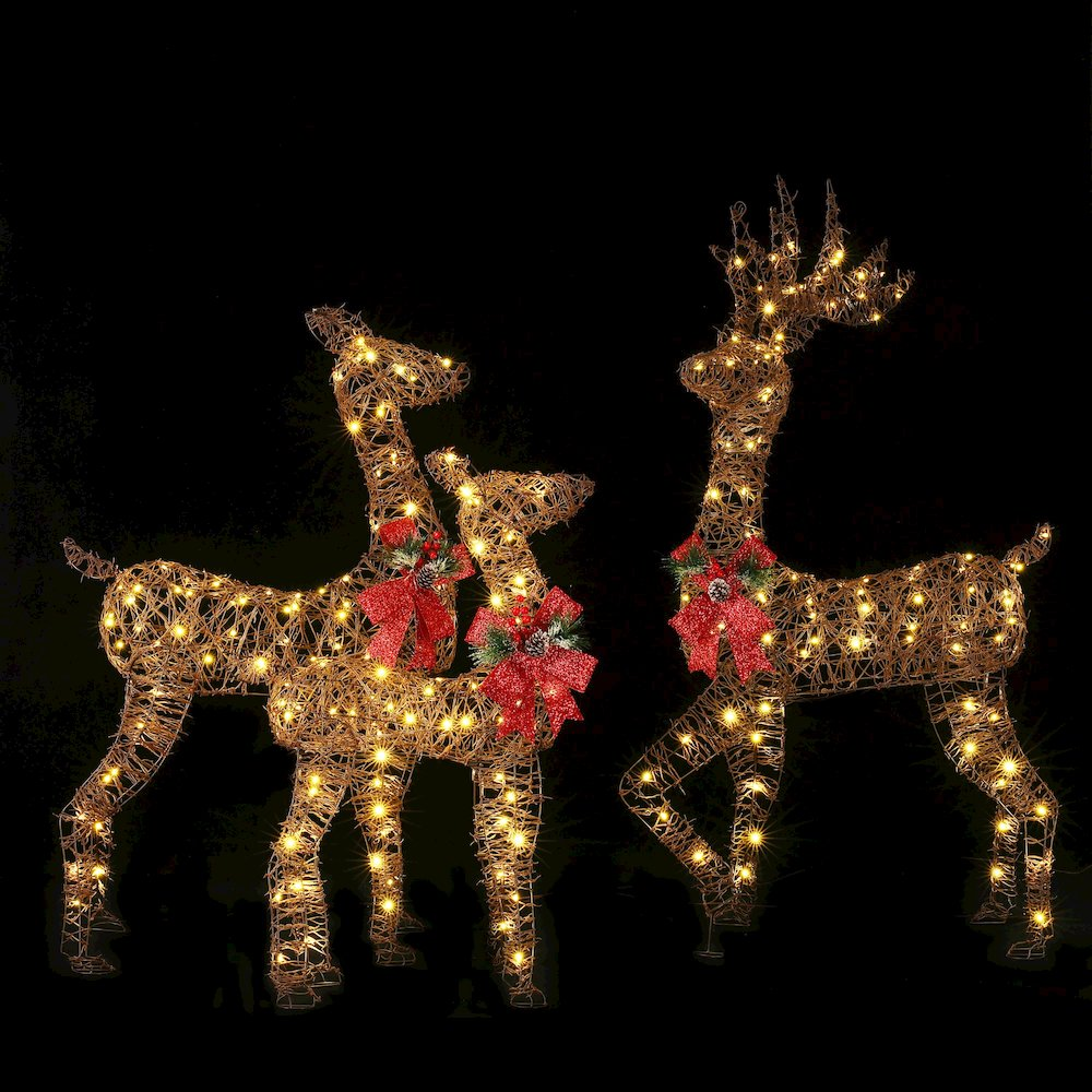 3-Piece Rattan and Iron Deer Family Outdoor Holiday Decoration with Lights