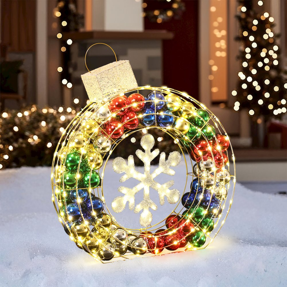 3Ft Tall Ornament and Snowflake Wreath Outdoor Holiday Decoration with Lights