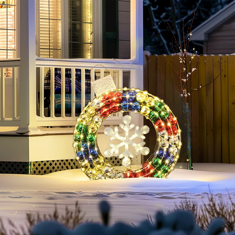 3Ft Tall Ornament and Snowflake Wreath Outdoor Holiday Decoration with Lights