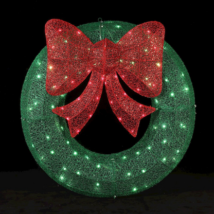 LuxenHome 3Ft Round Lighted Green Wreath with Red Bow Outdoor Holiday Decoration