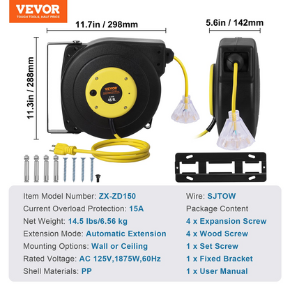 VEVOR Retractable Extension Cord Reel Power Cord Reel 45FT 12AWG/3C SJTOW