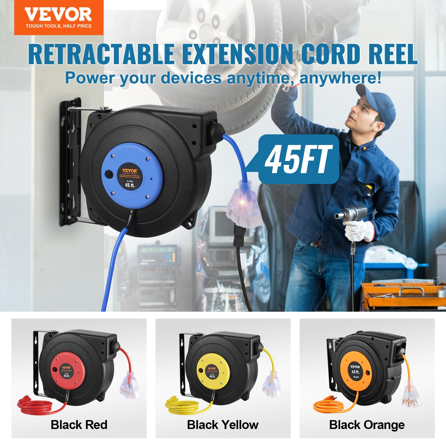 VEVOR Retractable Extension Cord Reel Power Cord Reel 45FT 12AWG/3C SJTOW