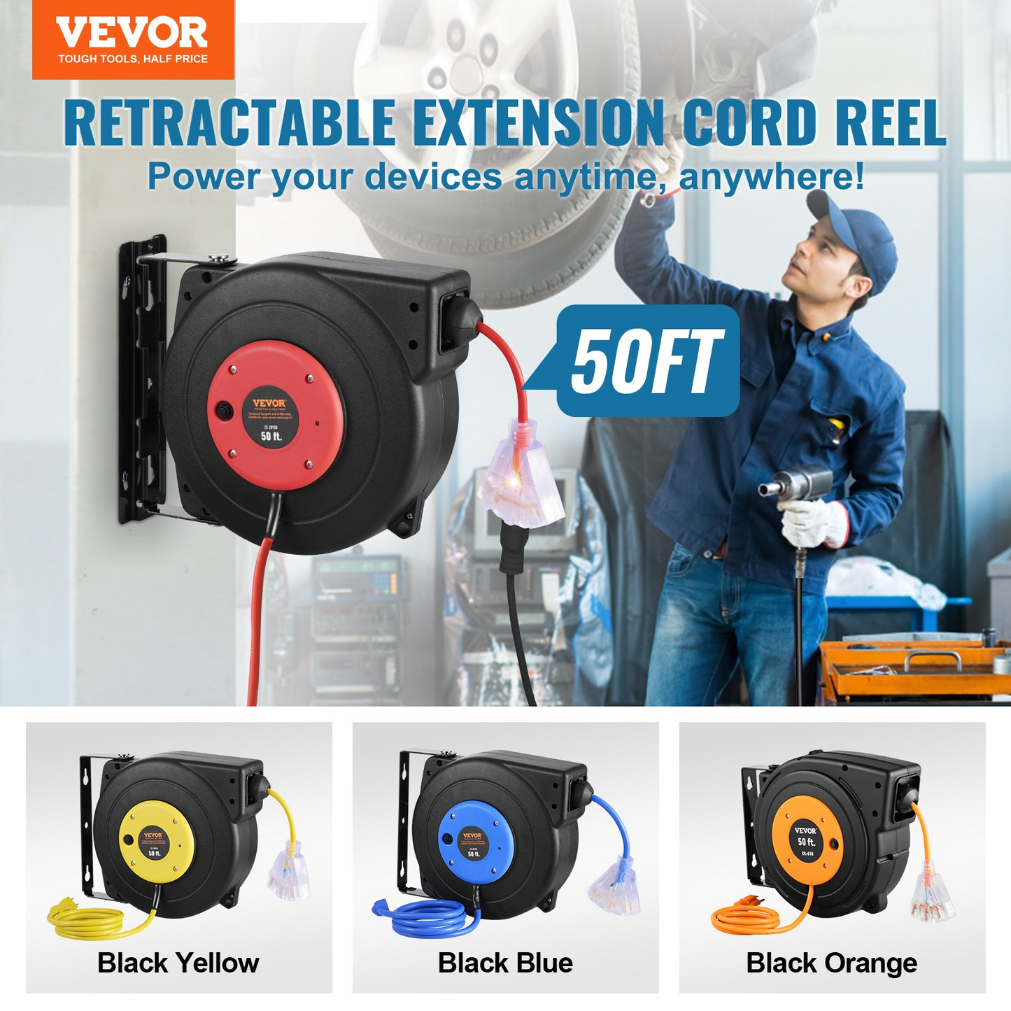 VEVOR Retractable Extension Cord Reel Power Cord Reel 50FT 14AWG/3C SJTOW