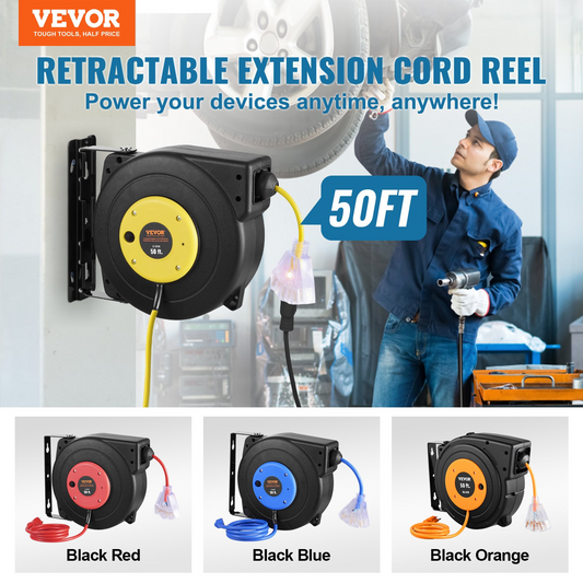 VEVOR Retractable Extension Cord Reel Power Cord Reel 50FT 14AWG/3C SJTOW