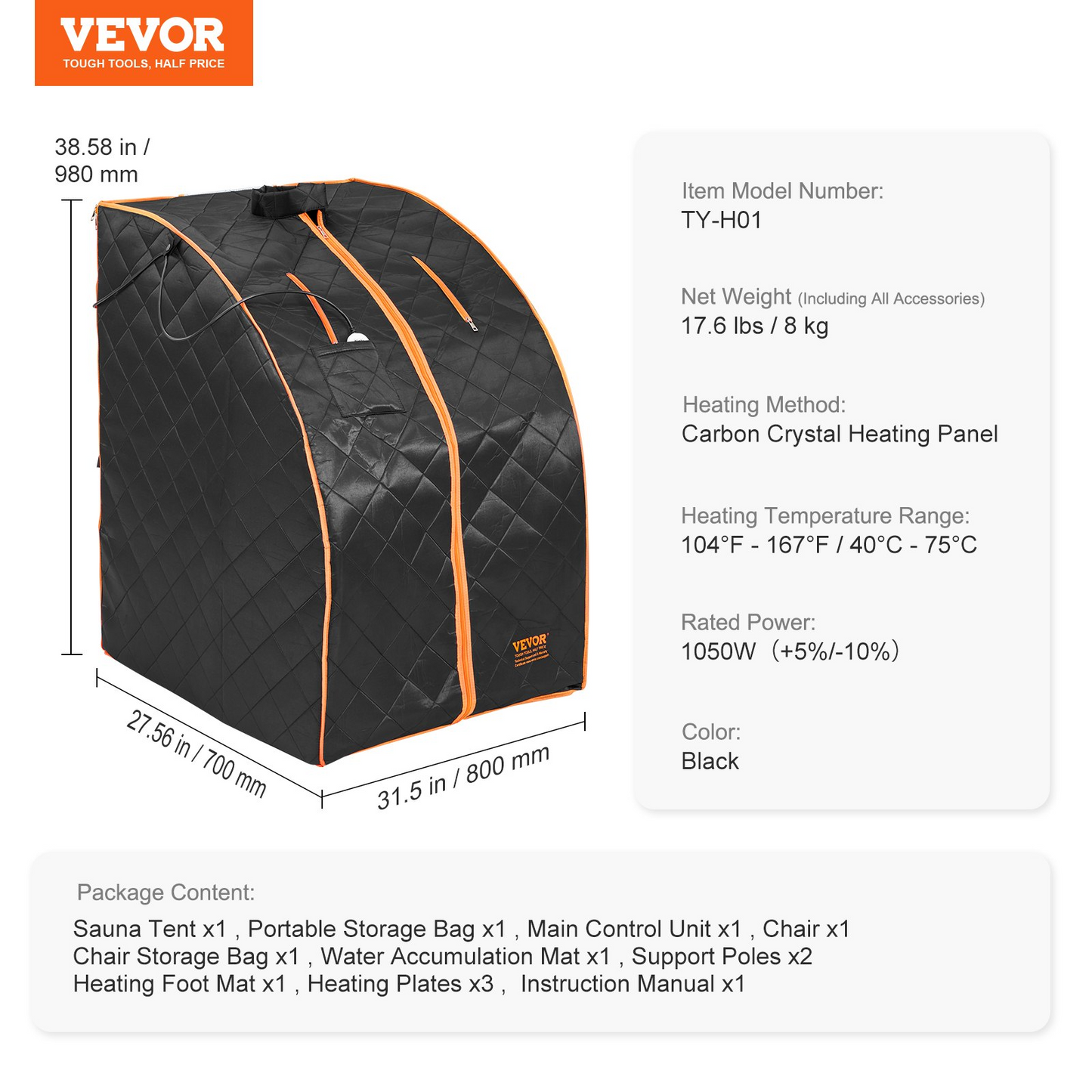 VEVOR Sauna Tent Far Infrared 1050W Personal Home Spa Loss Weight Detox Therapy