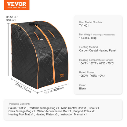 VEVOR Sauna Tent Far Infrared 1050W Personal Home Spa Loss Weight Detox Therapy