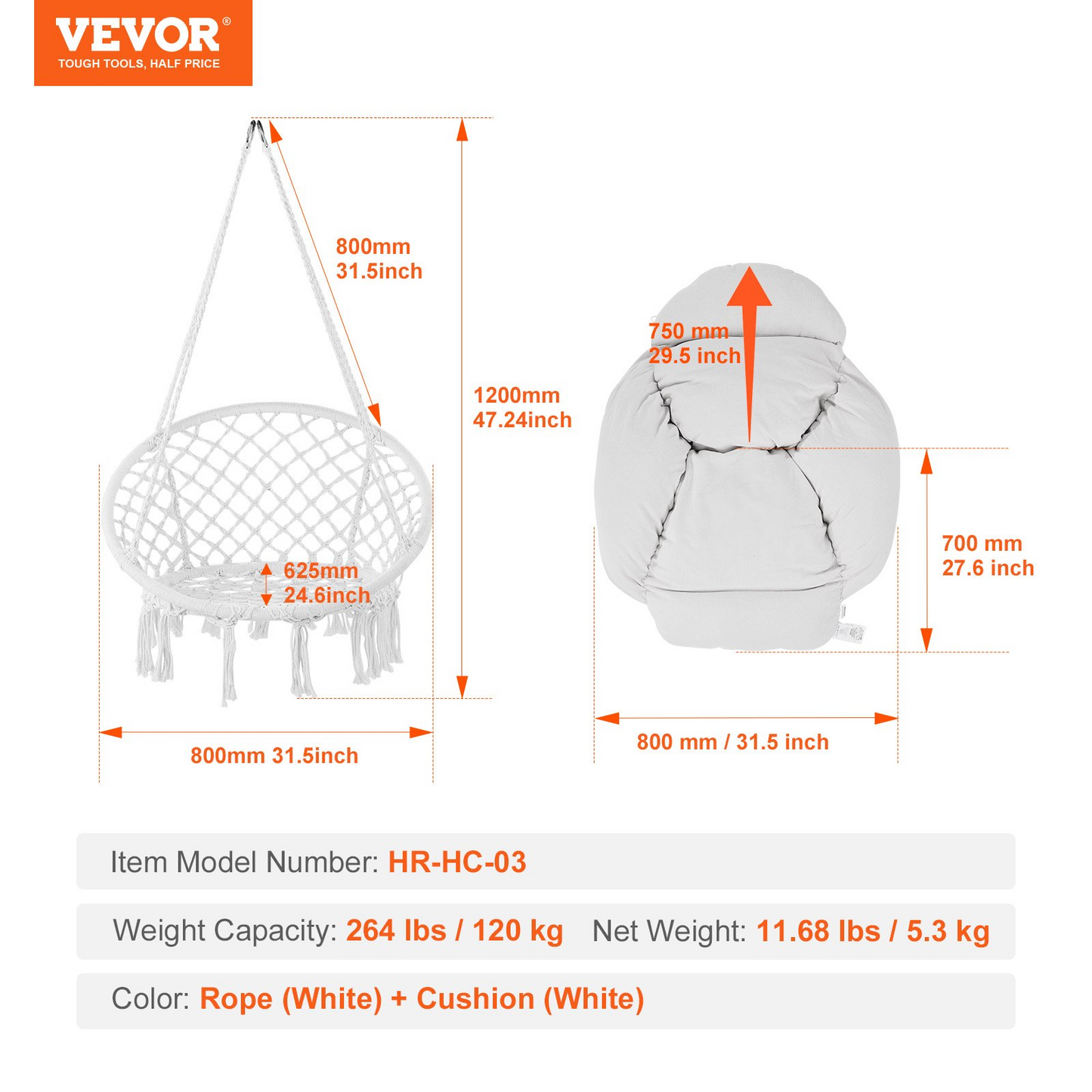 VEVOR Hammock Swinging Chair Macramé Hanging Chair with Cushion Indoor & Outdoor