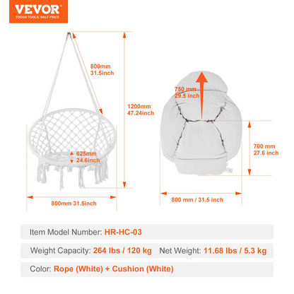 VEVOR Hammock Swinging Chair Macramé Hanging Chair with Cushion Indoor & Outdoor