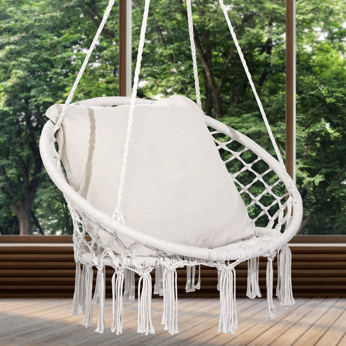 VEVOR Hammock Swinging Chair Macramé Hanging Chair with Cushion Indoor & Outdoor