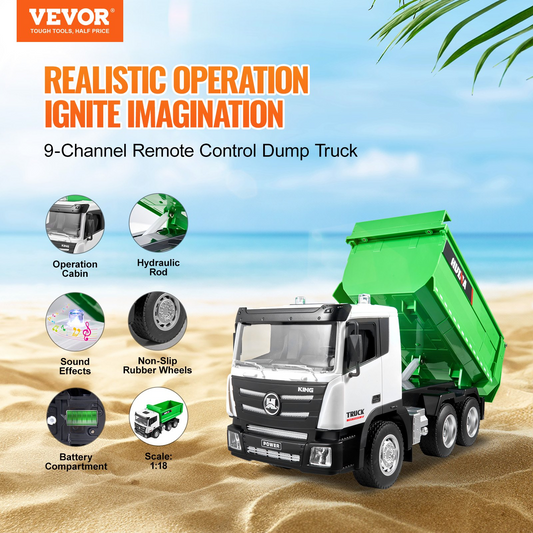 Christmas Gift! VEVOR RC Remote Control Dump Truck Toy Construction Vehicle Toy 9CH 1:18 Scale