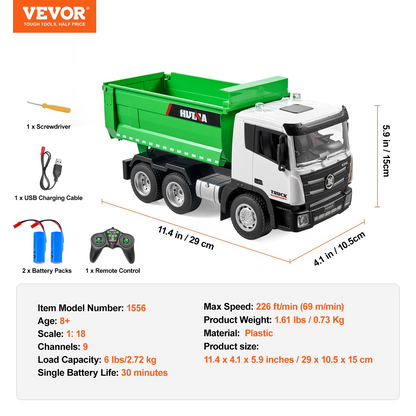 Christmas Gift! VEVOR RC Remote Control Dump Truck Toy Construction Vehicle Toy 9CH 1:18 Scale