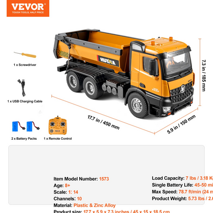 Christmas Gift! VEVOR RC Remote Control Dump Truck Toy Construction Vehicle Toy 10CH 1:14 Scale